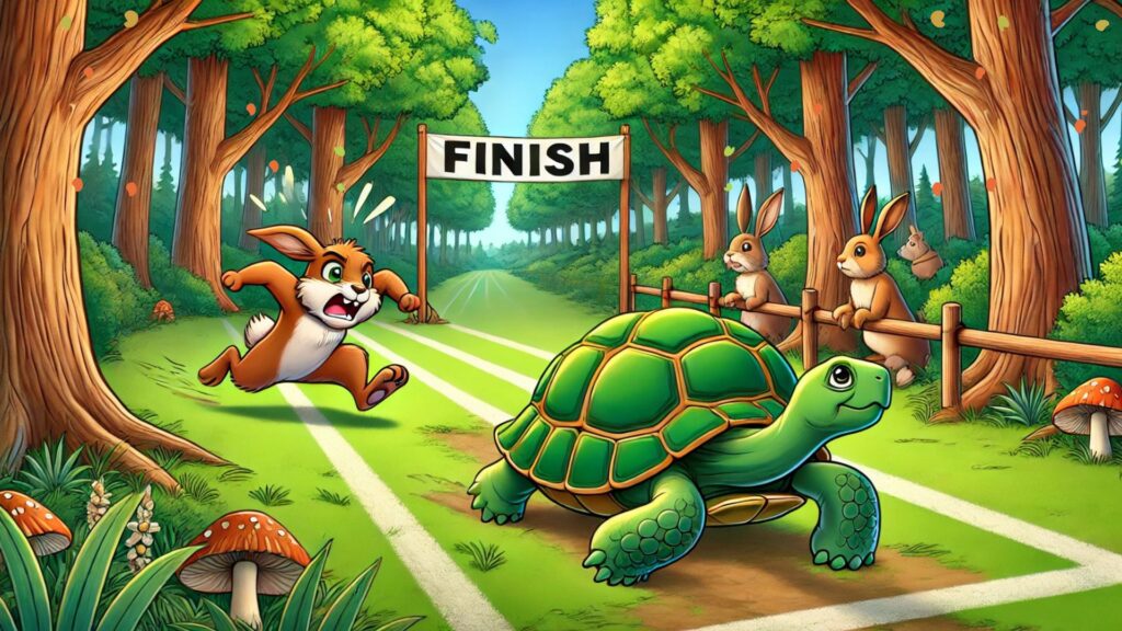 The Tortoise and the Hare Story : The Power of Patience vs. The Dangers of Arrogance - A Motivational Tale for Overcoming Challenges 8 Tortoise nearing finish (THE TORTOISE AND THE HARE STORY)