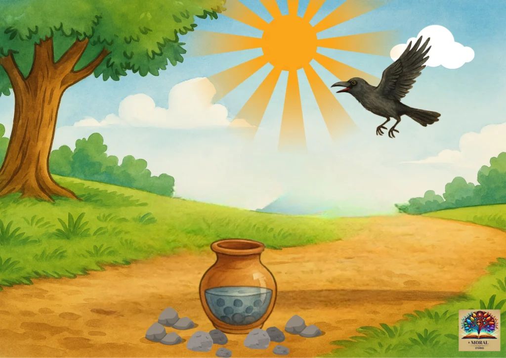 Hot-and-dry-landscape-with-a-lone-crow-searching-The-Thirsty-Crow-Story-1024x724-1 🐦 Thirsty Crow Story in English for Kids 🌿 | Short Moral Story with Life & Money Lessons