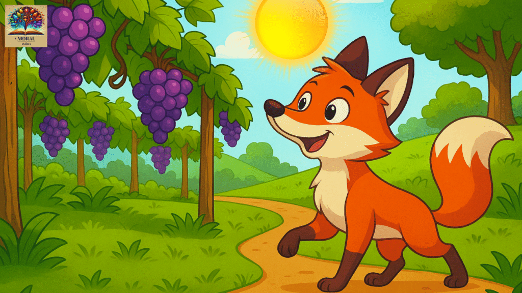 The Fox and the Grapes Story in English | Short Moral Tale for Kids (Aesop’s Fable) 9 The Fox and the Grapes Story in English - A cartoon fox excitedly looking at a vineyard full of ripe, juicy grapes hanging high."