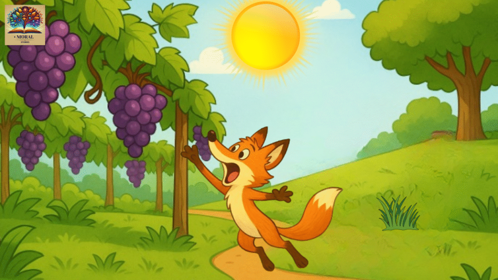 The Fox and the Grapes Story in English | Short Moral Tale for Kids (Aesop’s Fable) 10 The Fox and the Grapes Story in English - "A cartoon fox jumping up towards grapes in a vineyard but missing them."