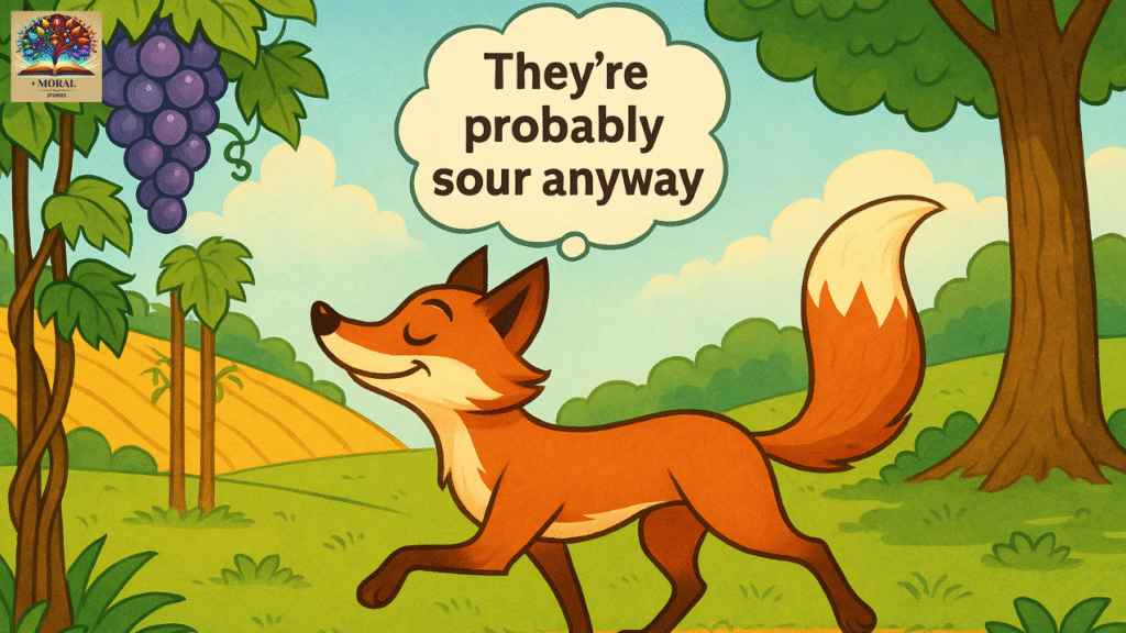The Fox and the Grapes Story in English | Short Moral Tale for Kids (Aesop’s Fable) 12 The Fox and the Grapes Story in English - "A cartoon fox walking away with a proud smirk while ripe grapes hang high above."