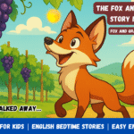 The Fox and the Grapes Story in English | Short Moral Tale for Kids (Aesop’s Fable) 1 Cartoon fox walking away under high-hanging grapes with a moral message about pride and acceptance.