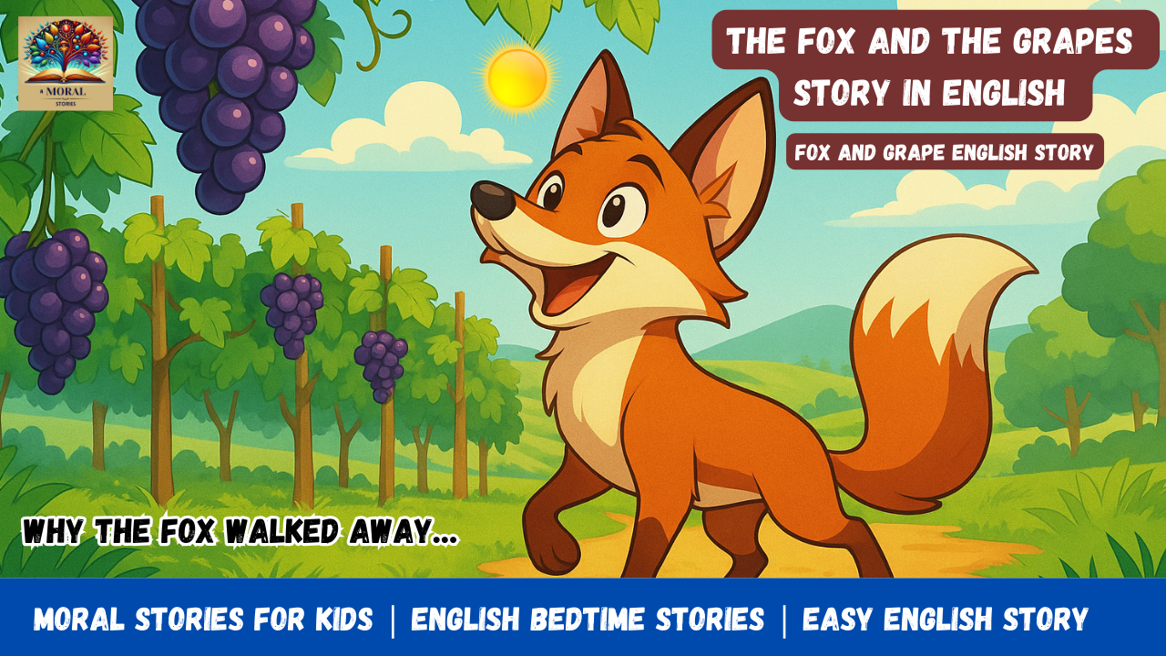 Cartoon fox walking away under high-hanging grapes with a moral message about pride and acceptance.