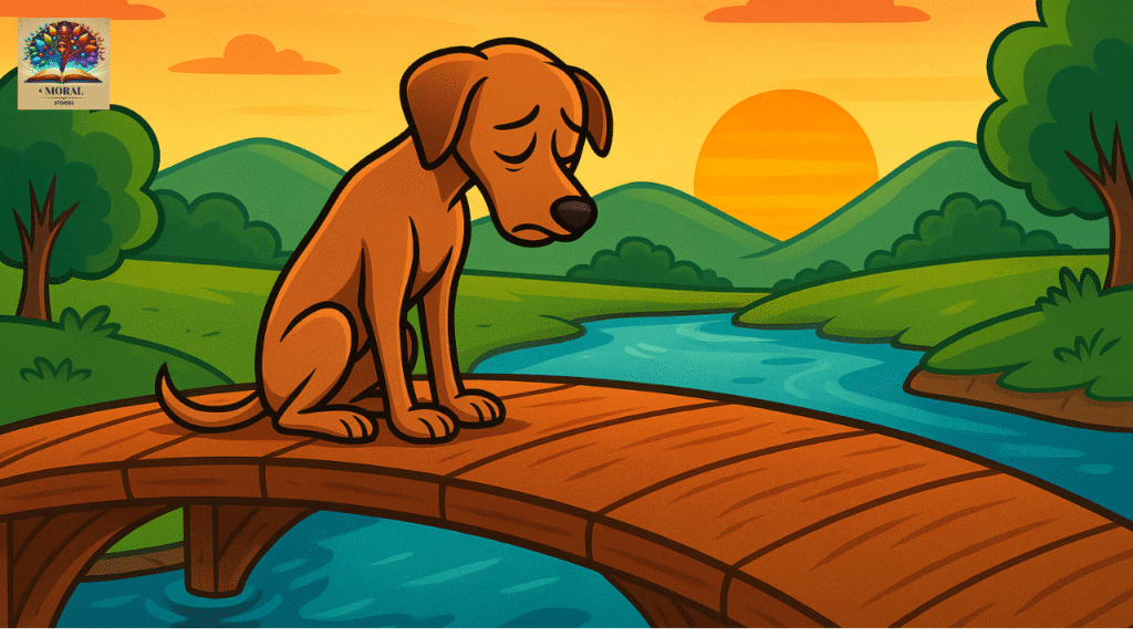 The Greedy Dog Story – Moral Story for Kids | Panchatantra-Inspired Tale 12 The Greedy Dog Story - Sad brown dog sitting on bridge after losing bone, sunset and river flowing peacefully in background"