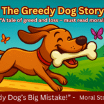The Greedy Done Story - "Cartoon image of a greedy dog with a bone in mouth running through village – moral story for kids"