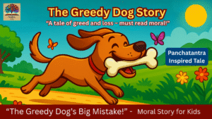 The Greedy Done Story - "Cartoon image of a greedy dog with a bone in mouth running through village – moral story for kids"