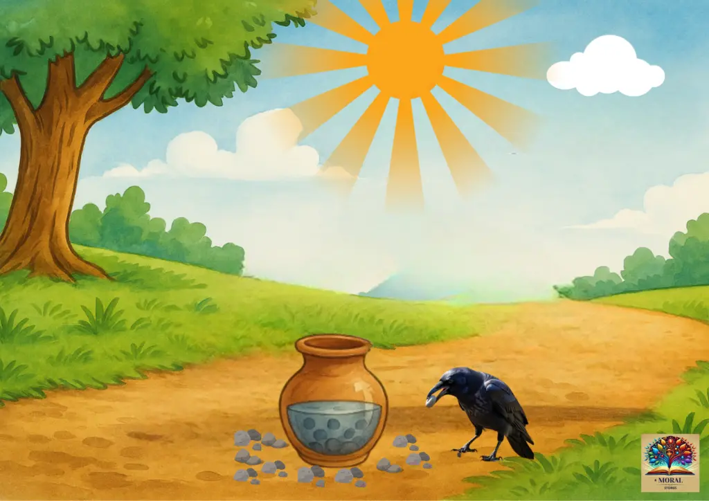 The-crow-picking-up-pebbles-to-drop-into-the-pot-The-Thirst-Crow-Story-1-1024x724-1 🐦 Thirsty Crow Story in English for Kids 🌿 | Short Moral Story with Life & Money Lessons