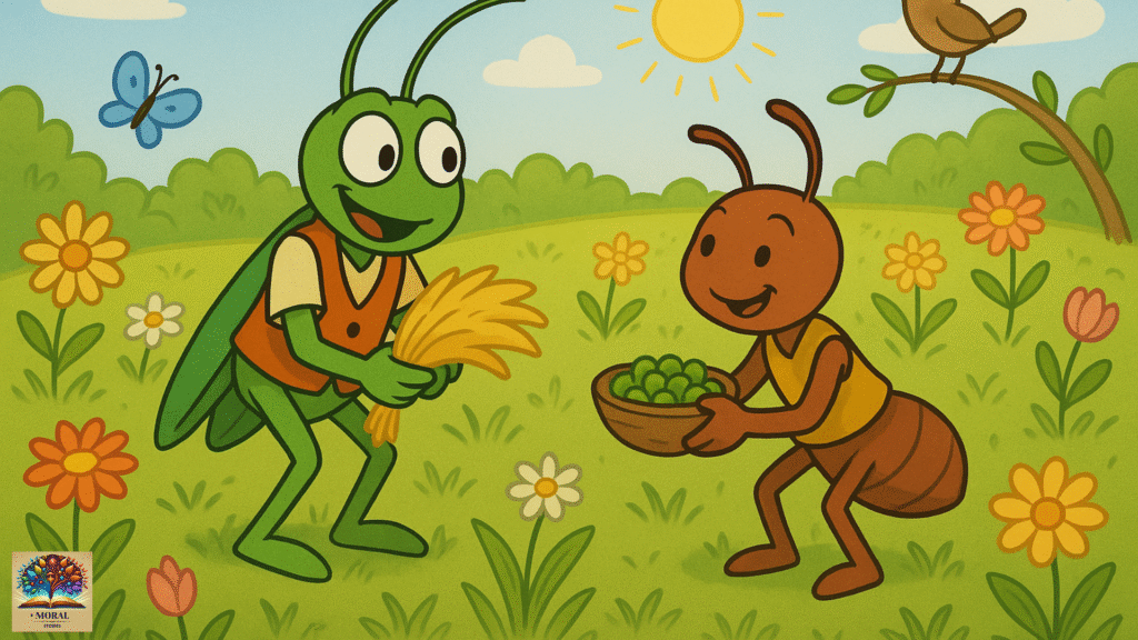 The Ant and the Grasshopper Story in English – A Moral Tale on Hard Work and Preparation 16 the ant and the grasshopper scene 9 spring working together 1