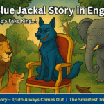 The Blue jackal Story In English... (“A blue-colored jackal sitting like a king on a throne in the jungle, surrounded by animals, from Panchatantra story The Blue Jackal.”)