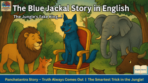 The Blue jackal Story In English... (“A blue-colored jackal sitting like a king on a throne in the jungle, surrounded by animals, from Panchatantra story The Blue Jackal.”)