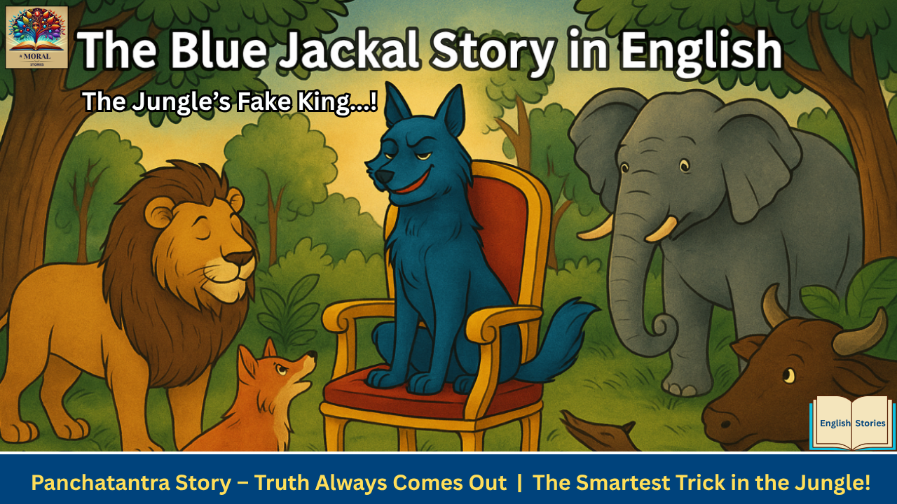 The Blue jackal Story In English... (“A blue-colored jackal sitting like a king on a throne in the jungle, surrounded by animals, from Panchatantra story The Blue Jackal.”)