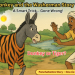 A cartoon-style illustration showing a donkey disguised in a tiger's skin standing in front of a shocked washerman, with a sunrise in the background and trees around, representing a scene from the Panchatantra moral story 'The Donkey and the Washerman'."