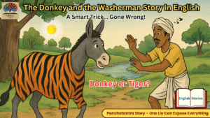 A cartoon-style illustration showing a donkey disguised in a tiger's skin standing in front of a shocked washerman, with a sunrise in the background and trees around, representing a scene from the Panchatantra moral story 'The Donkey and the Washerman'."