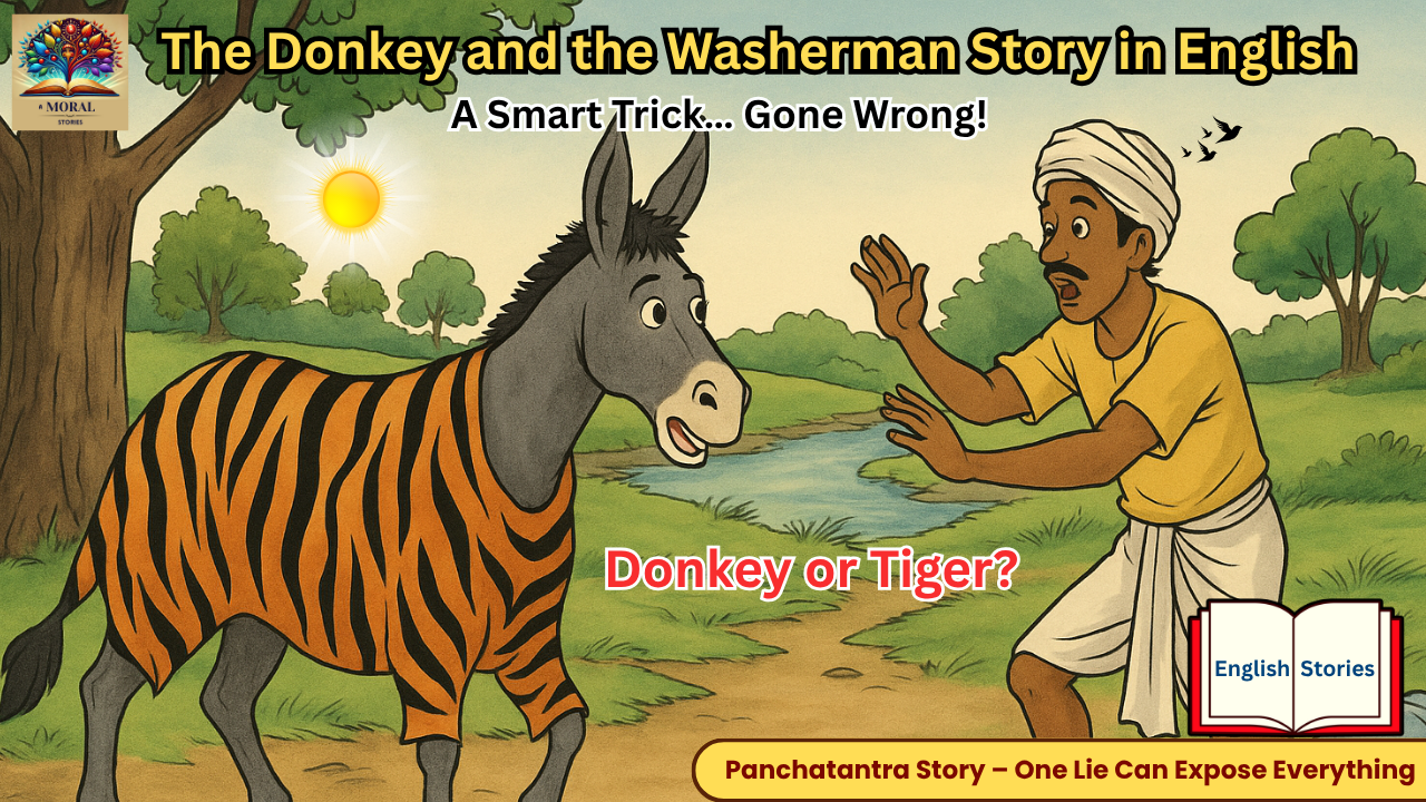 A cartoon-style illustration showing a donkey disguised in a tiger's skin standing in front of a shocked washerman, with a sunrise in the background and trees around, representing a scene from the Panchatantra moral story 'The Donkey and the Washerman'."