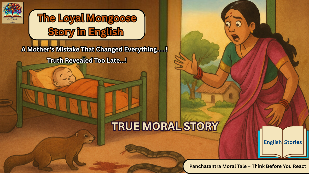 The Loyal Mongoose Story in English ... A woman shocked to see a loyal mongoose at the door while a dead snake lies near the cradle inside the house – The Loyal Mongoose story scene.”