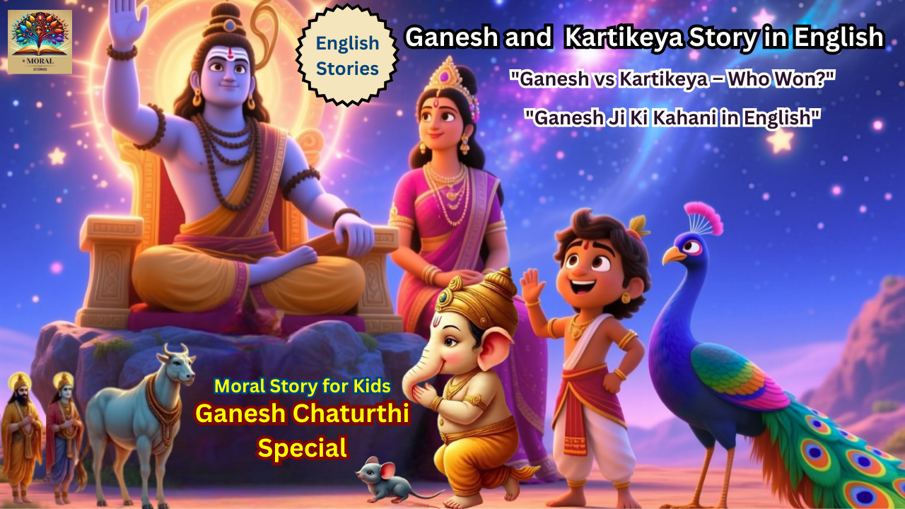 "Ganesh and Kartikeya story in English – Lord Ganesha’s wisdom vs Kartikeya’s speed, moral story for kids"