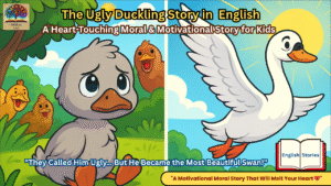 The Ugly Duckling story in english illustration showing a sad grey duckling being teased by other ducks on the left, and a happy beautiful white swan flying in the sky on the right — a heart-touching moral story for kids about transformation and self-belief."