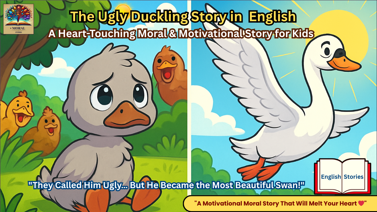 The Ugly Duckling story in english illustration showing a sad grey duckling being teased by other ducks on the left, and a happy beautiful white swan flying in the sky on the right — a heart-touching moral story for kids about transformation and self-belief."