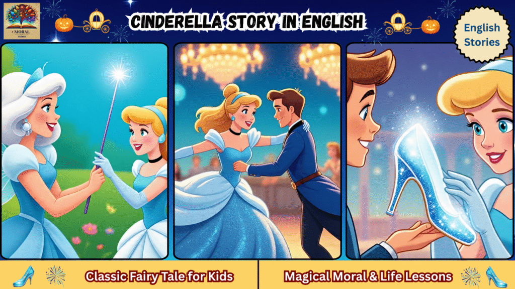 Cinderella story in English thumbnail showing Fairy Godmother, Cinderella at the royal ball, and the magical glass slipper – classic fairy tale with moral lessons for kids