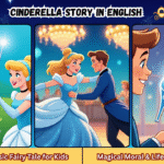 Cinderella story in English thumbnail showing Fairy Godmother, Cinderella at the royal ball, and the magical glass slipper – classic fairy tale with moral lessons for kids