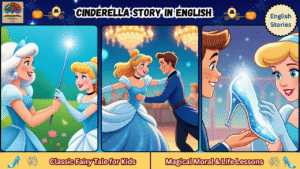 Cinderella story in English thumbnail showing Fairy Godmother, Cinderella at the royal ball, and the magical glass slipper – classic fairy tale with moral lessons for kids