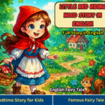 Little Red Riding Hood story in English – classic fairy tale for kids with moral, bedtime story illustration with girl in red hood, wolf and forest background.