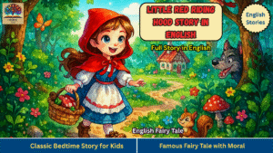 Little Red Riding Hood story in English – classic fairy tale for kids with moral, bedtime story illustration with girl in red hood, wolf and forest background.
