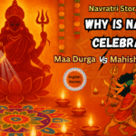 Maa Durga on a lion defeating demon Mahishasura with festive diyas and mandala background, representing the story of Why is Navratri celebrated