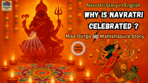 Maa Durga on a lion defeating demon Mahishasura with festive diyas and mandala background, representing the story of Why is Navratri celebrated