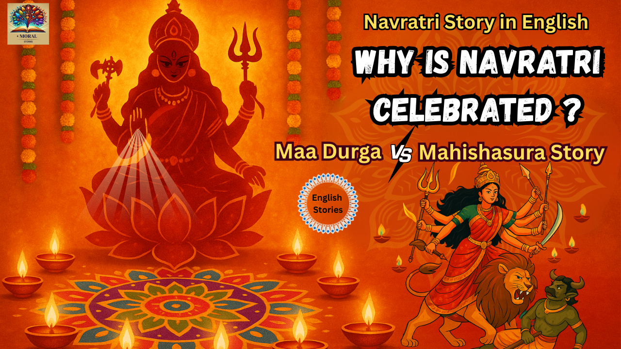 Maa Durga on a lion defeating demon Mahishasura with festive diyas and mandala background, representing the story of Why is Navratri celebrated