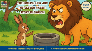 the foolish lion and the rabbit story - Illustration of The Foolish Lion and the Clever Rabbit story showing a rabbit pointing towards a well while the angry lion looks on in a green forest background.