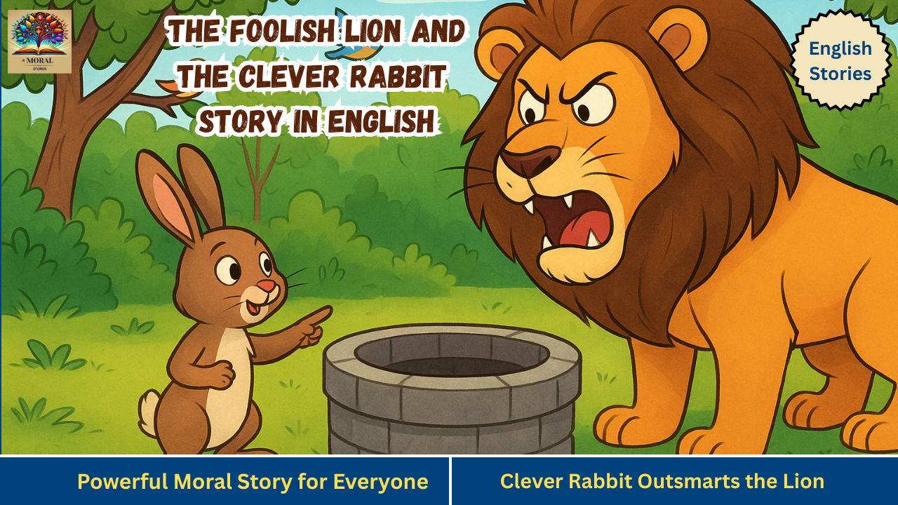 the foolish lion and the rabbit story - Illustration of The Foolish Lion and the Clever Rabbit story showing a rabbit pointing towards a well while the angry lion looks on in a green forest background.