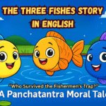 Cute cartoon fishes in a pond – The Three Fishes Story in English Panchatantra moral story.