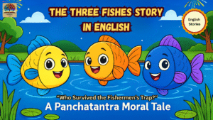 Cute cartoon fishes in a pond – The Three Fishes Story in English Panchatantra moral story.