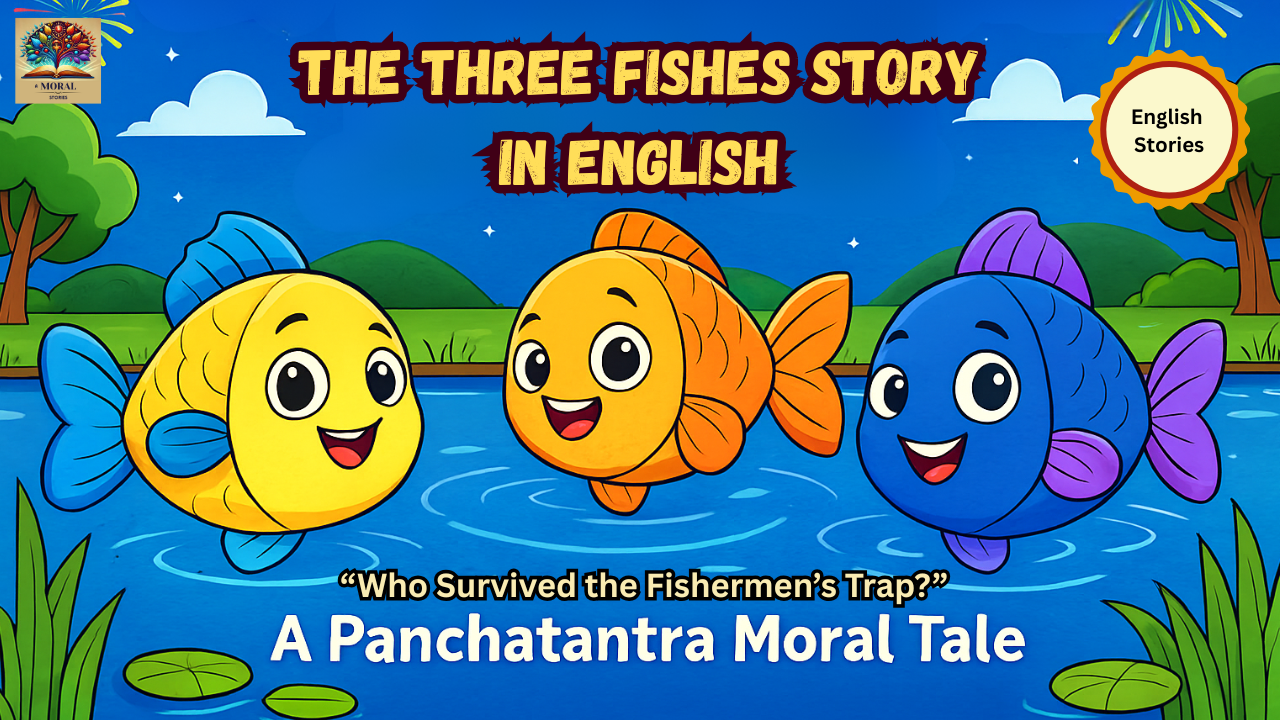 Cute cartoon fishes in a pond – The Three Fishes Story in English Panchatantra moral story.