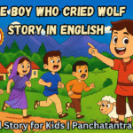 The Boy Who Cried Wolf story in english- Cartoon boy cries wolf story illustration with villagers running and sly wolf hiding behind hill — moral story for kids.