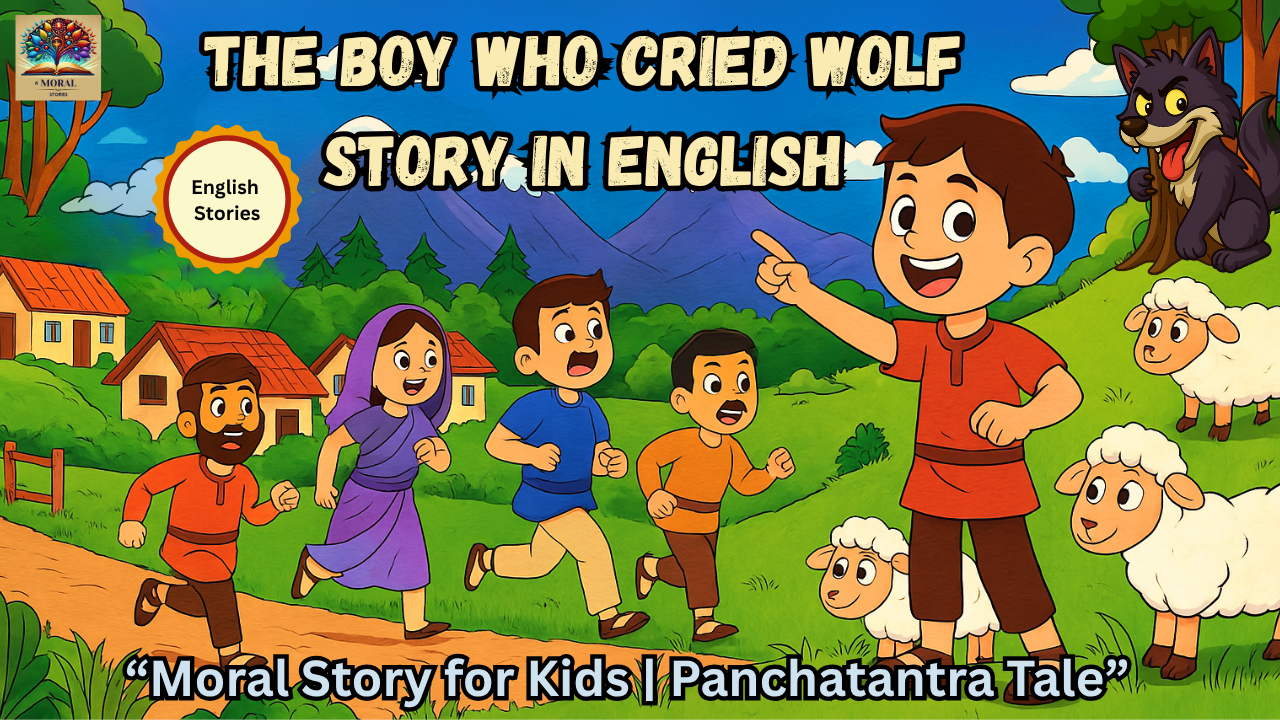 The Boy Who Cried Wolf story in english- Cartoon boy cries wolf story illustration with villagers running and sly wolf hiding behind hill — moral story for kids.