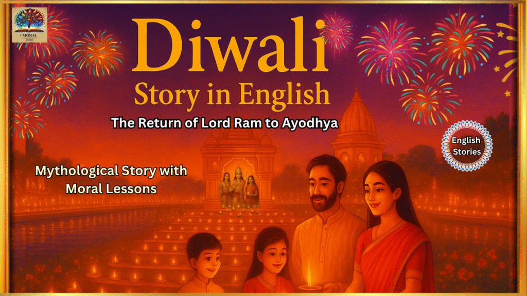 Diwali-Story-in-English-thumbnail-showing-Lord-Ram-Sita-and-Lakshman-returning-to-Ayodhya-with-glowing-diyas-temple-lights-and-festive-fireworks-—-mythological-story-with-moral-lessons-1024x576 Diwali Story in English | Why Diwali is Celebrated | The Festival of Lights - The Return of Lord Ram to Ayodhya | Mythological Story with Moral Lessons