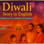 “Diwali Story in English thumbnail showing Lord Ram, Sita, and Lakshman returning to Ayodhya with glowing diyas, temple lights, and festive fireworks — mythological story with moral lessons.”