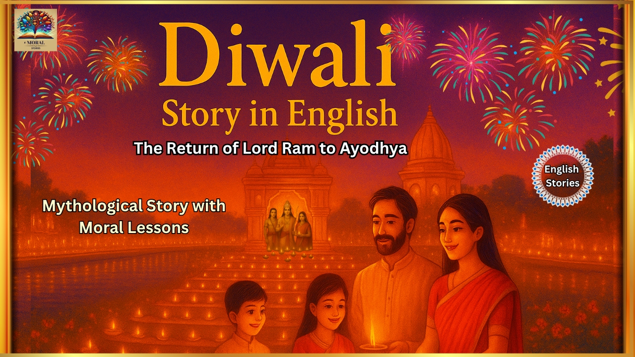 “Diwali Story in English thumbnail showing Lord Ram, Sita, and Lakshman returning to Ayodhya with glowing diyas, temple lights, and festive fireworks — mythological story with moral lessons.”