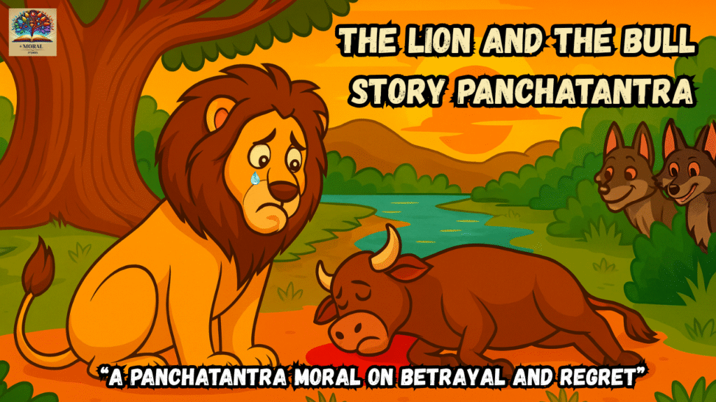 The-Lion-and-the-Bull-Story-Panchatantra-ending-scene-–-lion-regret-and-dead-bull-moral-lesson-1024x576 The Lion and the Bull Story Panchatantra | Pinglak and Sanjeevak Story in English – A Moral Tale of Friendship, Betrayal, and Regret