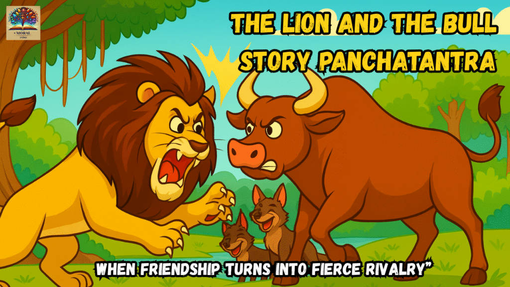 The-Lion-and-the-Bull-Story-Panchatantra-–-lion-and-bull-fight-cartoon-scene-2-1024x576 The Lion and the Bull Story Panchatantra | Pinglak and Sanjeevak Story in English – A Moral Tale of Friendship, Betrayal, and Regret
