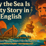 Why the Sea Is Salty Story in English – Cartoon illustration of a man with a magic mill, ship, and children listening near the sea at sunset.