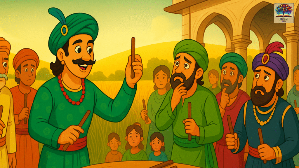 Birbal-distributing-equal-wooden-sticks-to-villagers-and-courtiers-in-Akbar-Birbal-and-the-Field-of-Gold-Story-announcing-the-clever-test-to-catch-the-thief-1024x576 👑 Akbar Birbal and the Field of Gold Story | The Golden Wheat Strand | The Hidden Test of Truth, Fear & Wisdom That Changed the Emperor Forever