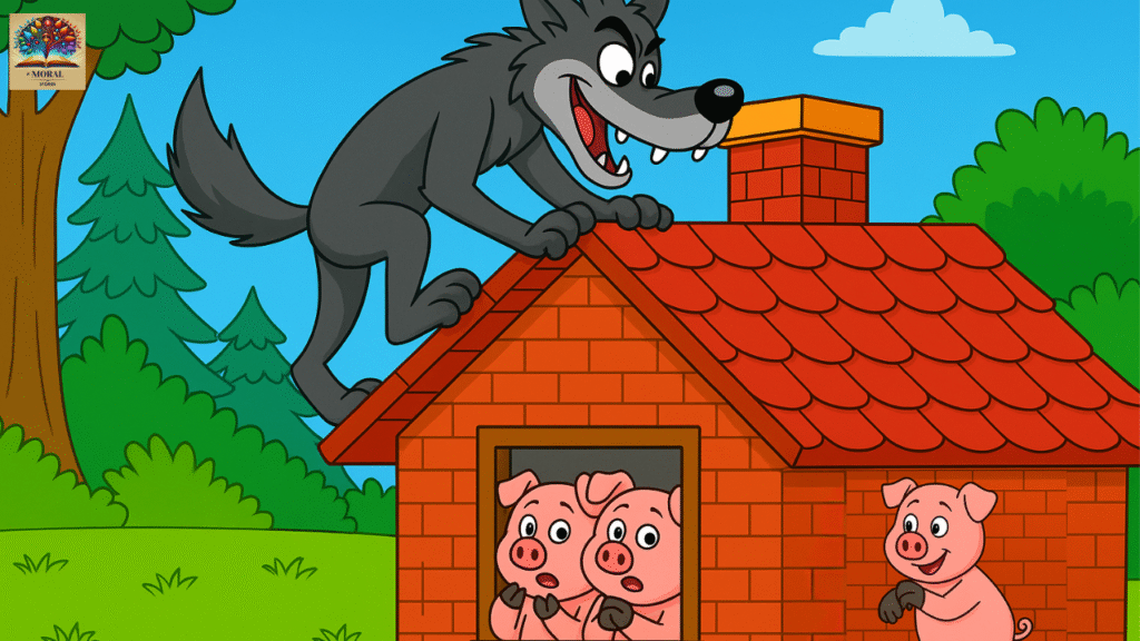 Comical-scene-of-the-wolf-on-the-roof-attempting-to-go-down-the-chimney-while-pigs-prepare-below-—-The-Three-Little-Pigs-1024x576 The Three Little Pigs Short Story in English – A Powerful Moral Tale of Hard Work, Wisdom, Courage and 15 Life Lessons for Kids