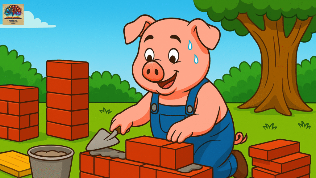 Eldest-pig-building-a-sturdy-red-brick-house-laying-bricks-with-determination-—-The-Three-Little-Pigs-moral-scene-1024x576 The Three Little Pigs Short Story in English – A Powerful Moral Tale of Hard Work, Wisdom, Courage and 15 Life Lessons for Kids