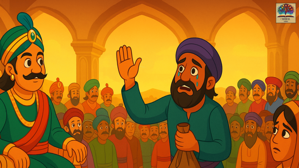 Farmer-explaining-his-missing-golden-wheat-strand-to-Birbal-before-Emperor-Akbar-in-Akbar-Birbal-and-the-Field-of-Gold-Story-–-The-Golden-Wheat-Strand-moral-tale-1024x576 👑 Akbar Birbal and the Field of Gold Story | The Golden Wheat Strand | The Hidden Test of Truth, Fear & Wisdom That Changed the Emperor Forever