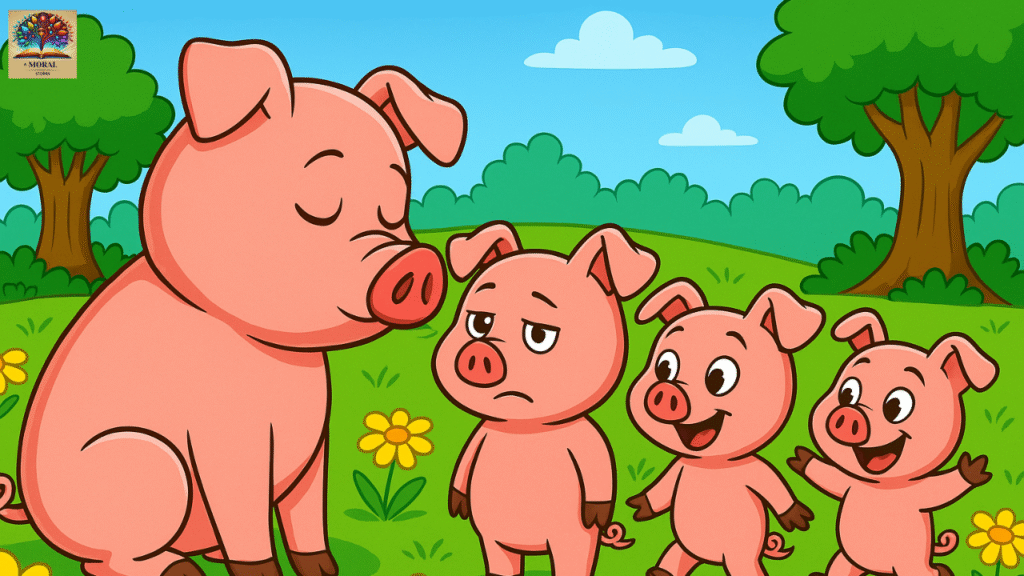 Mother-pig-hugging-three-pig-brothers-in-a-sunny-wildflower-meadow-The-Three-Little-Pigs-1024x576 The Three Little Pigs Short Story in English – A Powerful Moral Tale of Hard Work, Wisdom, Courage and 15 Life Lessons for Kids