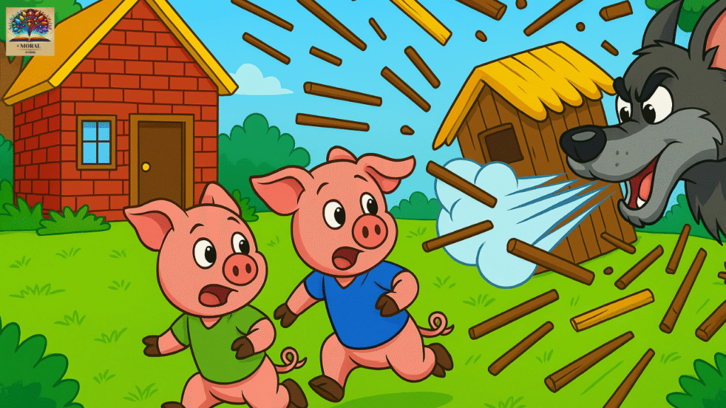 Stick-house-collapsing-under-wolfs-breath-while-two-pigs-run-towards-the-brick-house-—-The-Three-Little-Pigs-story-1024x576 The Three Little Pigs Short Story in English – A Powerful Moral Tale of Hard Work, Wisdom, Courage and 15 Life Lessons for Kids