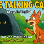 The Talking Cave Story in English – Panchatantra thumbnail with a clever jackal, a dark cave with glowing eyes, and bold yellow title text.
